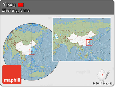 Savanna Style Location Map of Yiwu, highlighted country, highlighted parent region, within the entire country, hill shading