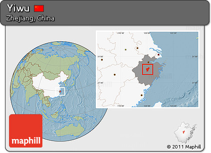 Savanna Style Location Map of Yiwu, highlighted country, highlighted parent region, hill shading