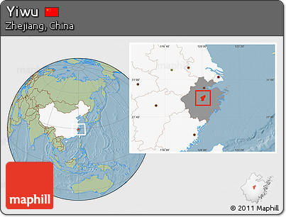 Savanna Style Location Map of Yiwu, highlighted country, highlighted parent region, hill shading