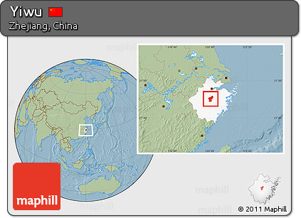 Savanna Style Location Map of Yiwu, highlighted parent region, hill shading