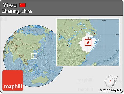 Savanna Style Location Map of Yiwu, highlighted parent region, hill shading
