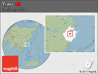Savanna Style Location Map of Yiwu, highlighted parent region, hill shading