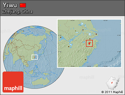 Savanna Style Location Map of Yiwu, hill shading