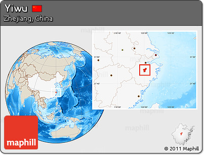 Shaded Relief Location Map of Yiwu, highlighted country