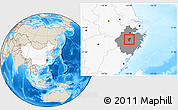 Shaded Relief Location Map of Yiwu, highlighted country, highlighted parent region
