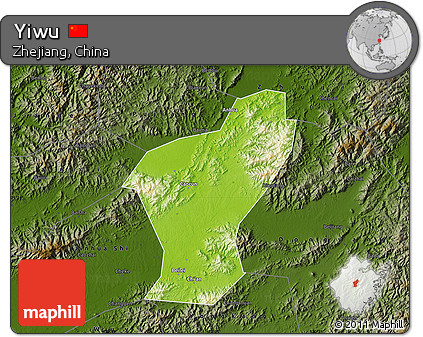 Physical Map of Yiwu, darken