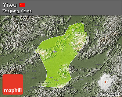 Physical Map of Yiwu, darken, semi-desaturated