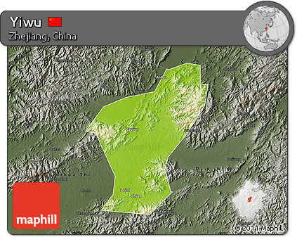Physical Map of Yiwu, darken, semi-desaturated
