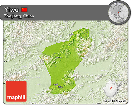 Physical Map of Yiwu, lighten