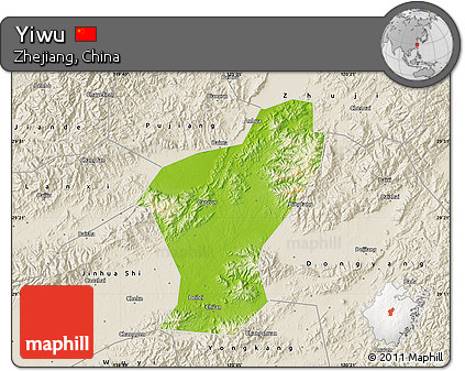 Physical Map of Yiwu, shaded relief outside