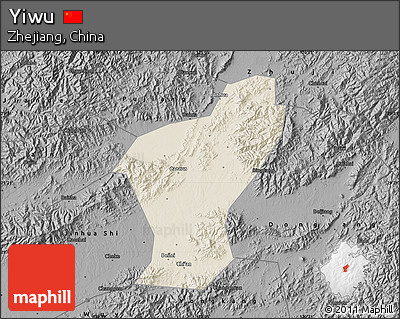 Shaded Relief Map of Yiwu, darken, desaturated