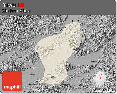 Shaded Relief Map of Yiwu, darken, desaturated
