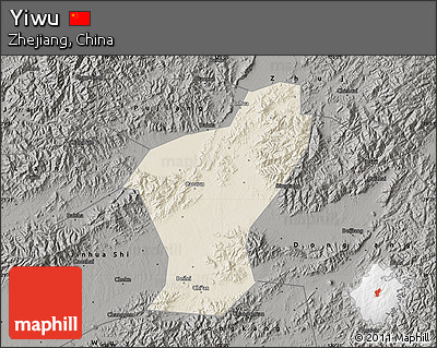 Shaded Relief Map of Yiwu, darken, semi-desaturated