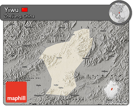 Shaded Relief Map of Yiwu, darken, semi-desaturated