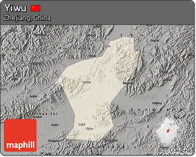 Shaded Relief Map of Yiwu, darken, semi-desaturated