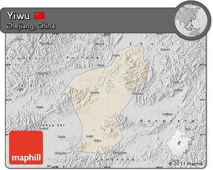 Shaded Relief Map of Yiwu, desaturated