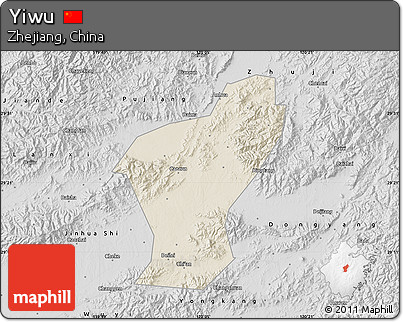 Shaded Relief Map of Yiwu, desaturated