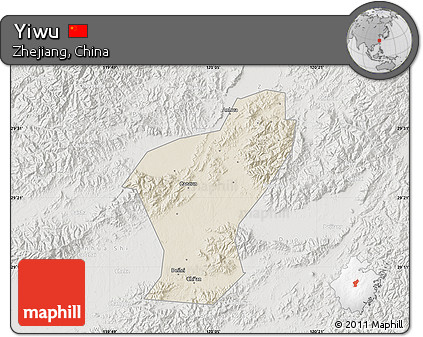 Shaded Relief Map of Yiwu, lighten, semi-desaturated