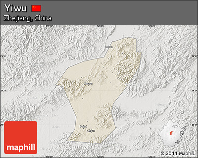 Shaded Relief Map of Yiwu, lighten, semi-desaturated