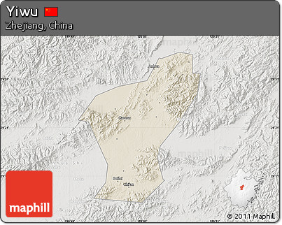 Shaded Relief Map of Yiwu, lighten, semi-desaturated