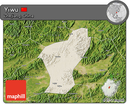 Shaded Relief Map of Yiwu, satellite outside