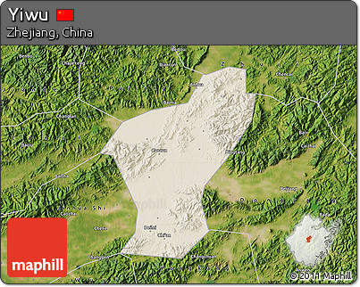 Shaded Relief Map of Yiwu, satellite outside