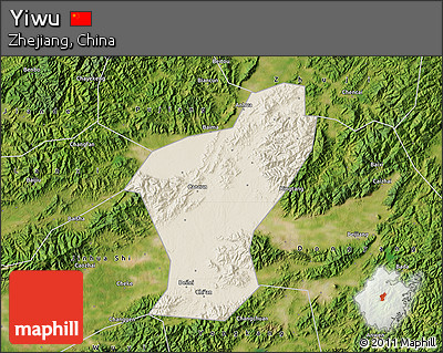 Shaded Relief Map of Yiwu, satellite outside