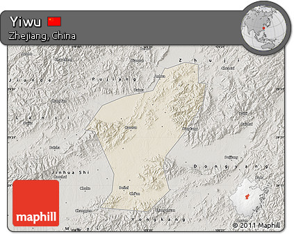 Shaded Relief Map of Yiwu, semi-desaturated