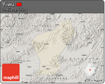 Shaded Relief Map of Yiwu, semi-desaturated