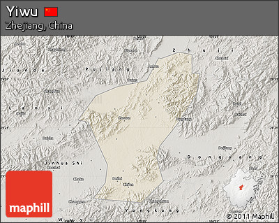 Shaded Relief Map of Yiwu, semi-desaturated