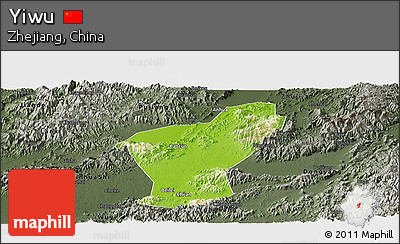 Physical Panoramic Map of Yiwu, darken, semi-desaturated