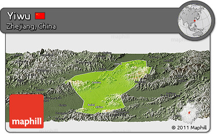 Physical Panoramic Map of Yiwu, darken, semi-desaturated