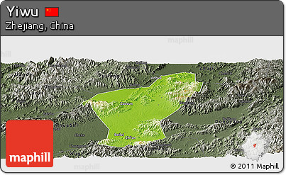 Physical Panoramic Map of Yiwu, darken, semi-desaturated