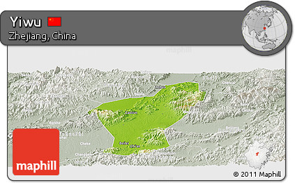 Physical Panoramic Map of Yiwu, lighten, semi-desaturated