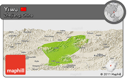 Physical Panoramic Map of Yiwu, shaded relief outside