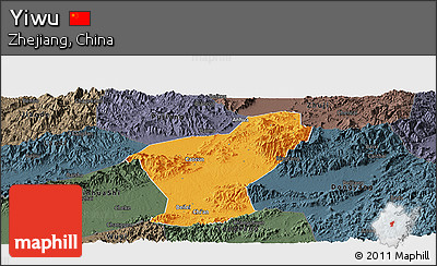 Political Panoramic Map of Yiwu, darken, semi-desaturated