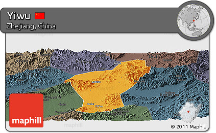 Political Panoramic Map of Yiwu, darken, semi-desaturated