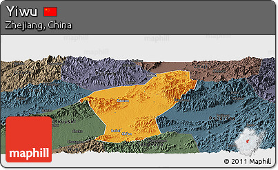 Political Panoramic Map of Yiwu, darken, semi-desaturated