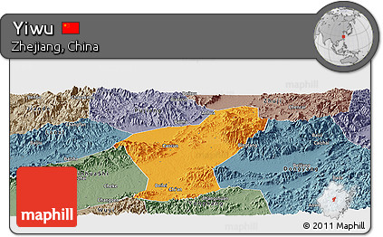 Political Panoramic Map of Yiwu, semi-desaturated
