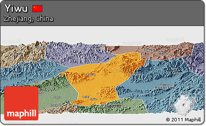 Political Panoramic Map of Yiwu, semi-desaturated