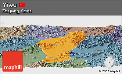 Political Panoramic Map of Yiwu, semi-desaturated