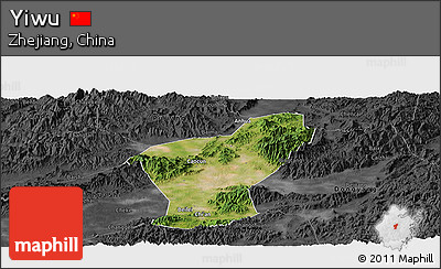 Satellite Panoramic Map of Yiwu, darken, desaturated