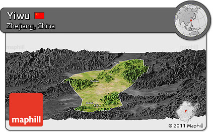 Satellite Panoramic Map of Yiwu, darken, desaturated