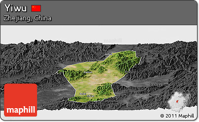 Satellite Panoramic Map of Yiwu, darken, desaturated