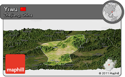 Satellite Panoramic Map of Yiwu, darken
