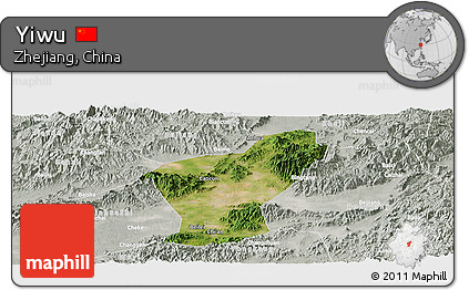 Satellite Panoramic Map of Yiwu, lighten, semi-desaturated