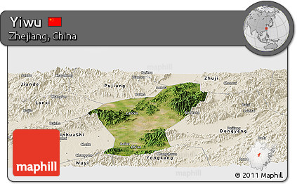 Satellite Panoramic Map of Yiwu, shaded relief outside