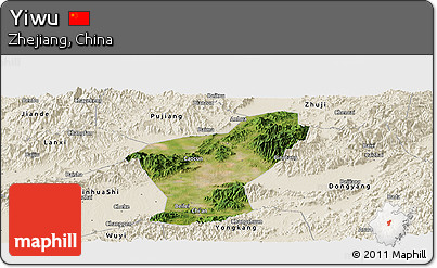 Satellite Panoramic Map of Yiwu, shaded relief outside