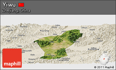 Satellite Panoramic Map of Yiwu, shaded relief outside