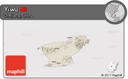 Shaded Relief Panoramic Map of Yiwu, cropped outside